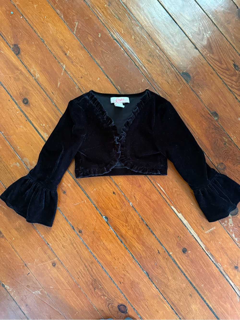 Candie's Black Velvet Cropped Bolero Jacket with Ruffle Trim